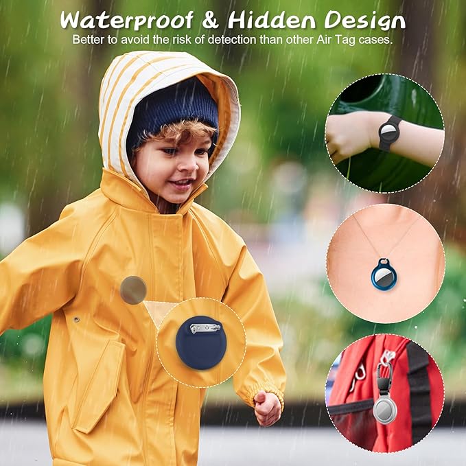 Waterproof Air Tag Holder for Kids, 4 Pack Air Tag Case with Invisible Pin, Soft Silicone Anti-Lost for Apple Air Tag, Used for Children, Elderly, Hidden Inside Clothes,Bag(White/Black/Pink/Navy Blue)