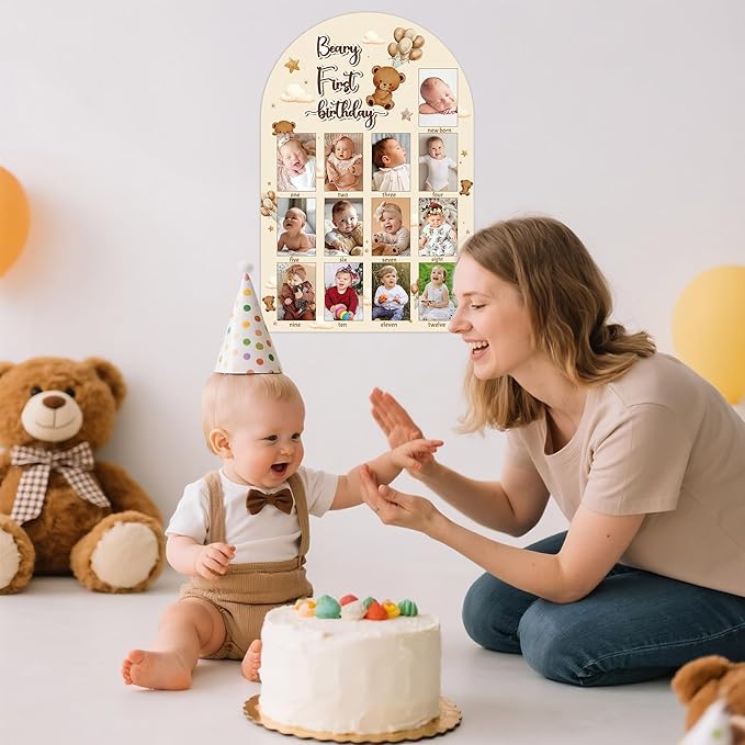 R HORSE My First Year Photo Display Wood Board - 3D Brown Bear Baby's First Year Picture Frame, 12 Months Beary Milestone Board Neutral Baby Keepsake Gift 1st Birthday Nursery Decor for Boy Girl