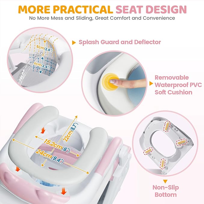 Orzbow Potty Training Seat, 2-IN-1 Toddler Potty Training Toilet with Step Stool, Stability Toilet Seat for Boys Girls with Splash Guard and Anti-Slip Pad, Adjustable Ladder & Potty Seat Height, Pink