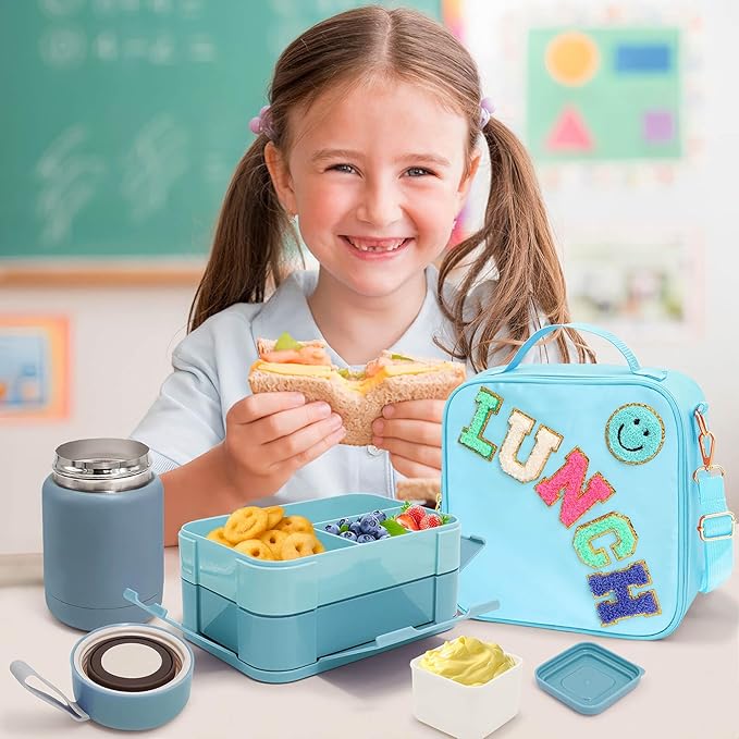 Kids Lunch Bag with 10oz Thermos, with 6 Compartment Bento Box, Blue Nylon Insulated Preppy Lunch Box Adjustable Strap Birthday Gift for Girl Kids Teens Picnic School Travel