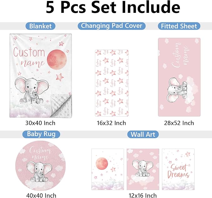 Personalized Nursery Bedding Set, 5 Pcs - Custom Baby Girl Elephant Bedding, Toddlers Bedding Set with Name, Double Layer, Customized Gift for Infant Kid