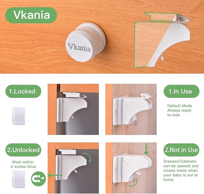 6 Pack Vkania Magnetic Cabinet Locks Baby Proofing - Baby Safety Latches for Drawers and Cabinets - Hidden Adhesive Magnet Baby Locks - Easy Installation No Drilling