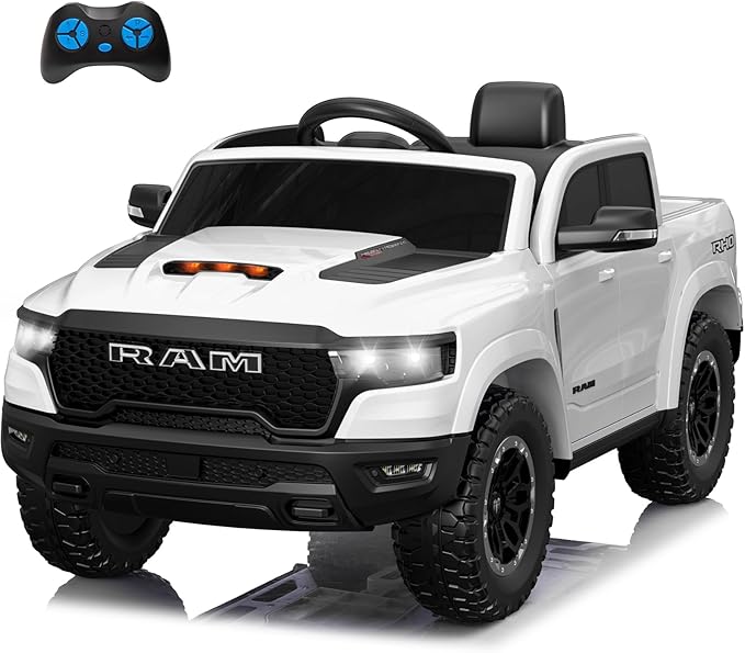 Licensed Ram 1500 Ride on Toys for Kids 4-8, Ride-on Electric Car for Kids with Remote Control, Battery Powered with Car Key/Gear Selector, LED Light/Music/MP3, Back Storage (White)