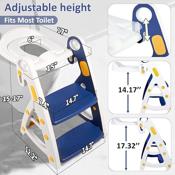 Primlect Potty Training Seat, 2-in-1 Toddler Toilet Seat with Step Stool, Ultra-Stable Potty Chair Attachment, Adjustable Seat and Step Ladder, Non-Slip Design, Splash Guard for Boys and Girls(Blue)