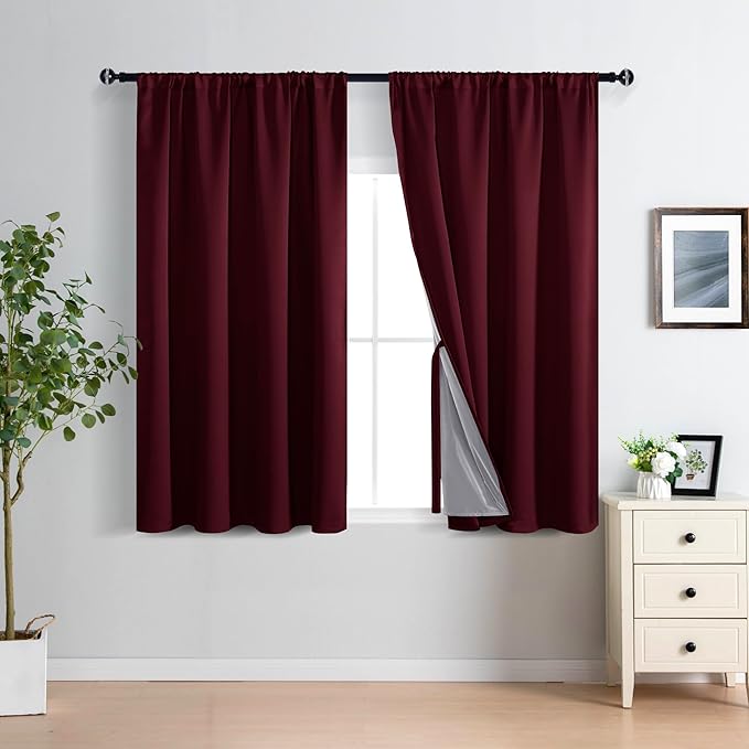 XWZO 100% Blackout Window Curtains - Thermal Insulated & Noise Reduction Black Liner Rod Pocket Window Treatment Sewn with Tiebacks for Bedroom/Living Room, Burgundy, W52 x L54, Set of 2