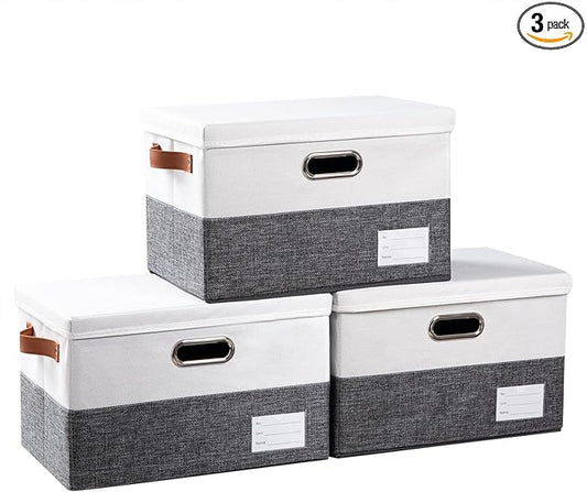PRANDOM Foldable Storage Bins with Lids [3-Pack] Fabric Collapsible Storage Boxes Baskets Cubes Containers with Handles for Closet Living Room Bedroom (Grey & White 14.9x9.8x9.8'')