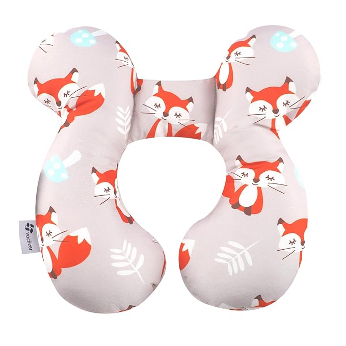 vocheer Baby Travel Pillow(Upgraded), Head and Neck Support Pillow for Pushchair, Car Seat,Stroller, Bouncer, Cotton, Orange Fox