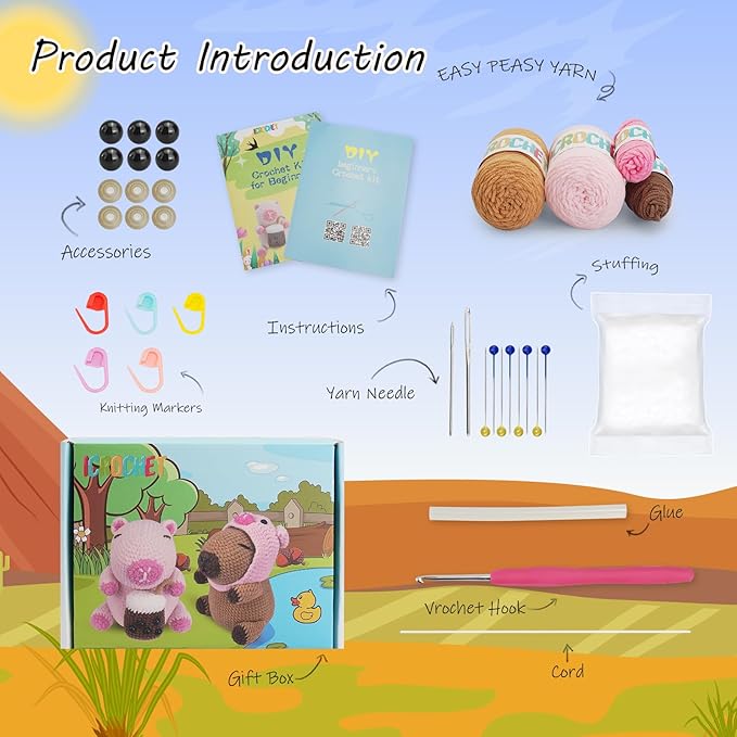 Crochet Kit for Beginners,Beginner Crocheting Animals Kits w Step-by-Step Video Tutorials, Knitting Starter Pack for Adults and Kids,2 Pack Capybara