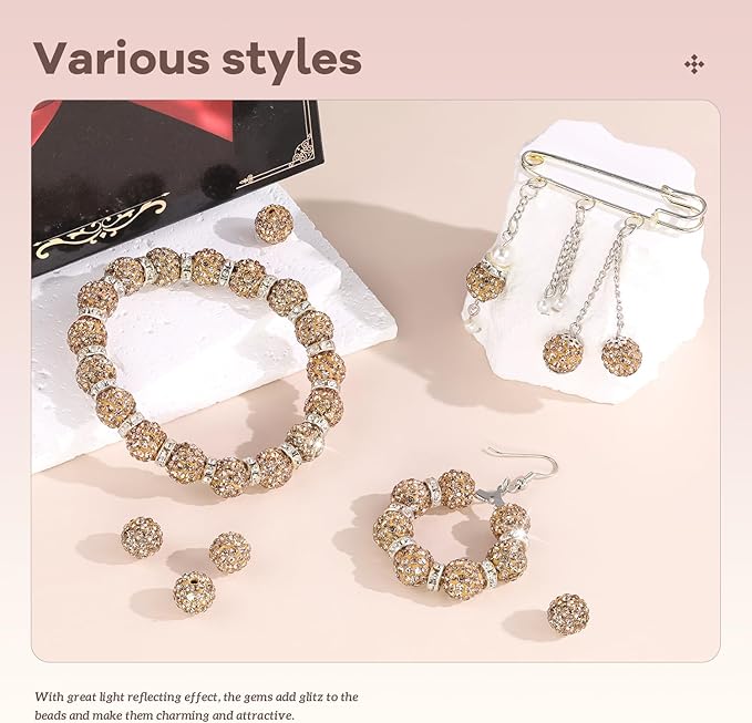 160pcs 10mm Rhinestone Beads for Jewelry Making, Light Brown Shiny Round Disco Ball Beads Bulk, Sparkle Crystal Clay Christmas for Bracelet Baseball Necklace Earring Crafting and DIY