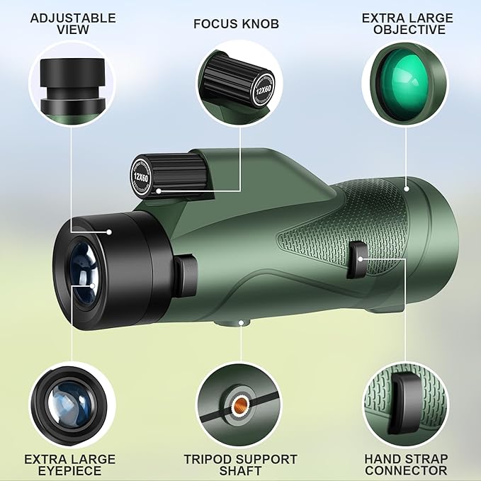 Pankoo 12x60 HD Monocular Telescope for Adults | Comes with Smartphone Adapter Tripod Hand Strap | Suitable for Bird Watching Sports Hiking Traveling