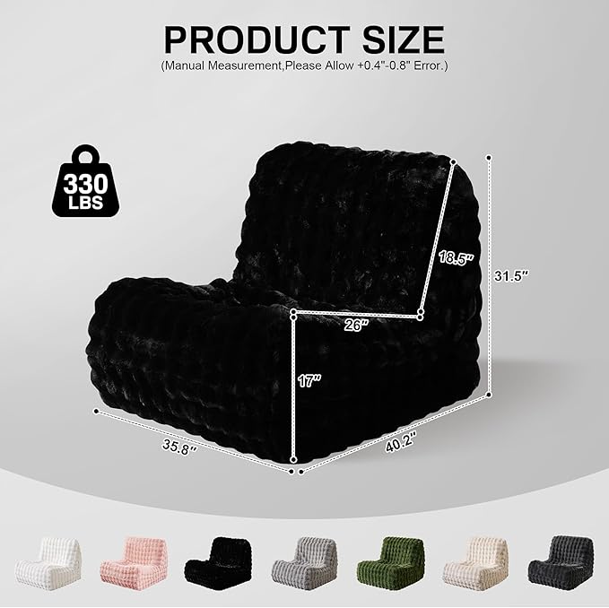 Modern Bean Bag Chair, Large Bean Bag Couch for Adults with Memory Foam Filled, Soft Faux Bunny Fur Lazy Chair for Living Room Bedroom Dorm Apartment, No Assembly Required, Black