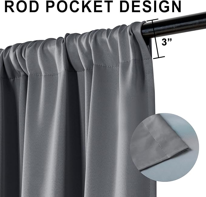 XWZO 100% Blackout Curtain Panels - Thermal Insulated Black Liner Rod Pocket Curtains, Noise Reducing & Heat Blocking Drapes for Hall and Studio Windows with Tiebacks, Dark Grey, W42 x L54, Set of 2
