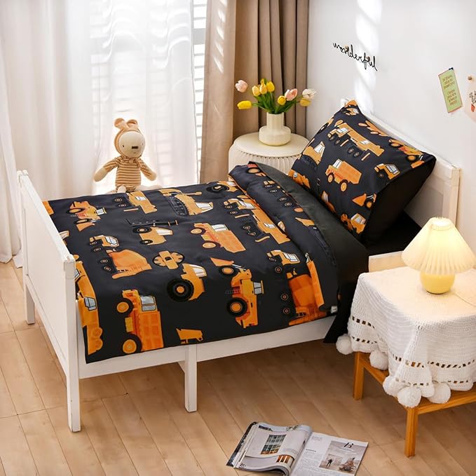 NTBED 4 Pieces Construction Toddler Bedding Set for Baby Boys, Truck Vehicles Excavator Cars Printed, Includes Comforter, Flat Sheet, Fitted Sheet and Pillowcase,Black