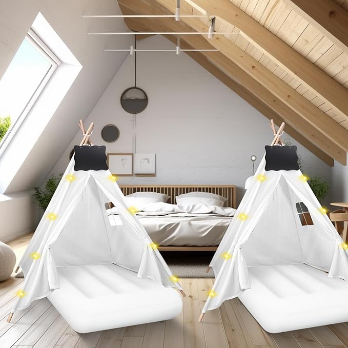 6 Pcs Kids Teepee Tent Bulk with Light String Inflatable Airbed Bedding Fitted Sheet and Markeable Small Blackboards for Boys Girls Indoor Outdoor Slumber Party (White)