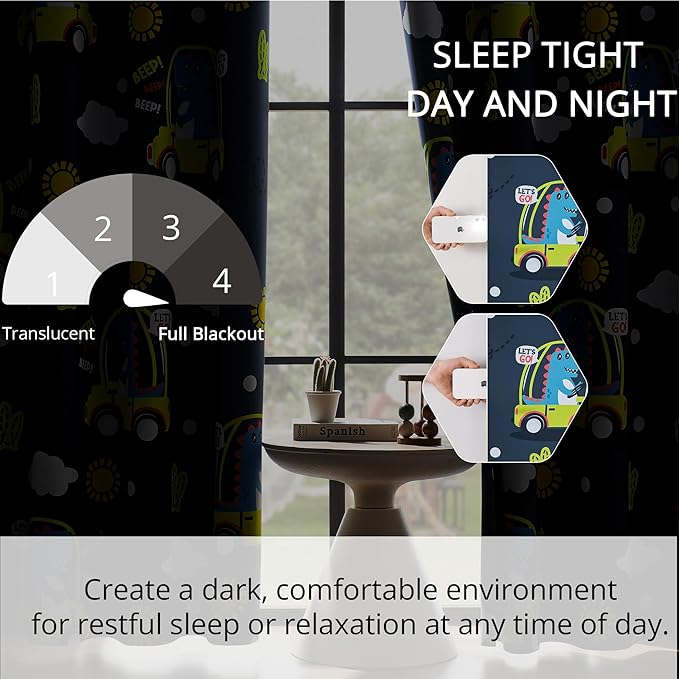 Kids Dinosaur Blackout Curtains - 2 Panels, Each W52*L84 with 100% Blackout, Thermal Insulated, and Noise Reducing, Perfect for Kids Room, Bedroom, Nursery