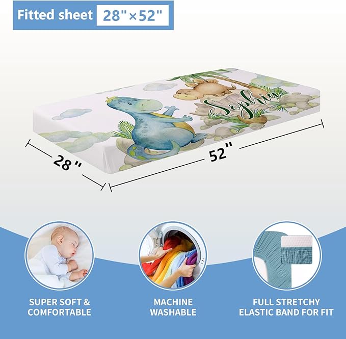 Personalized Baby Crib Bedding Set, 5 Pcs Custom Set With Name, Soft Double Layer Nursery Bedding, Flannel Dinosaur Set for Boys, Toddlers Newborns Customized Gift