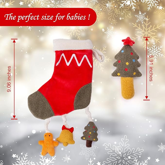 Organic Cotton Stuffed Animal Rattle Baby Toys, Plush Stocking Cuddle Cloth and Hand Grip Christmas Tree Ring Rattles Plush Toy Set for Newborns Infant Boys Girls, 2 PCS
