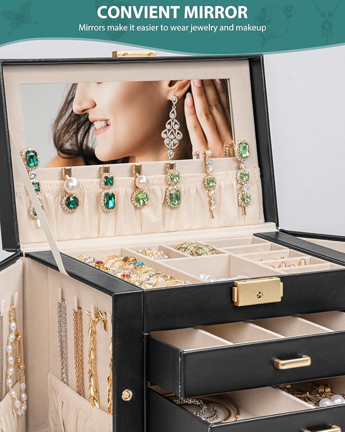 AKOZLIN Large 4-Tier Jewelry Box Leather Jewelry Storage Organizer with 3 Drawers Lockable for Women Girls Ring Necklace Earring Bracelet Watches Holder with Mirror Black