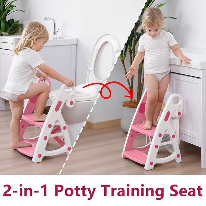 Potty Training Seat: 2 in 1 Design Potty Seat for Toilet & Nursery Step Stool for Sink Potty Training Toilet with Height Adjustable Ladder for Kids of All Ages (Pink)