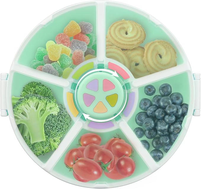 Kids Reusable Rotating Snack Container with 5 Separate Compartments, Color Matching Opening Lid,BPA/PVC-Free, Dishwasher Safe, Perfect for Travel, School Lunches & On-the-Go Snacking-Green