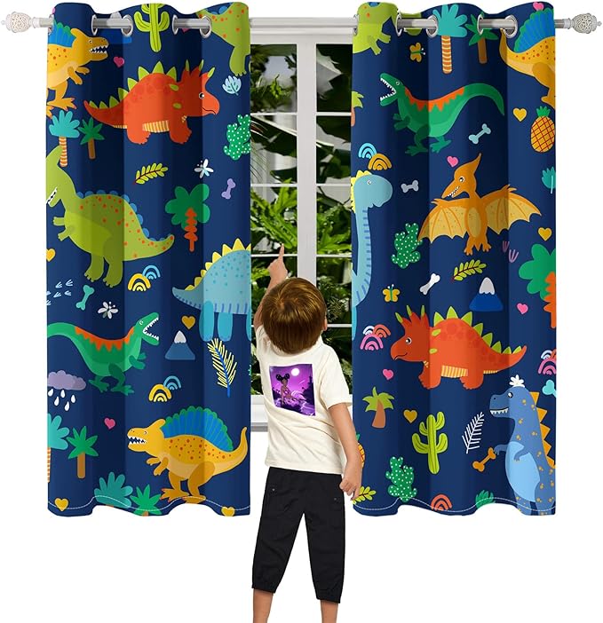 Dinosaur Blackout Curtains 2 Panels 63" Inch Drapes Boys Curtains for Bedroom Cute Dinosaur Themed Grommet Top Thermal Insulated Boys Room Curtains for Nursery, Navy Blue, 82" x 63"