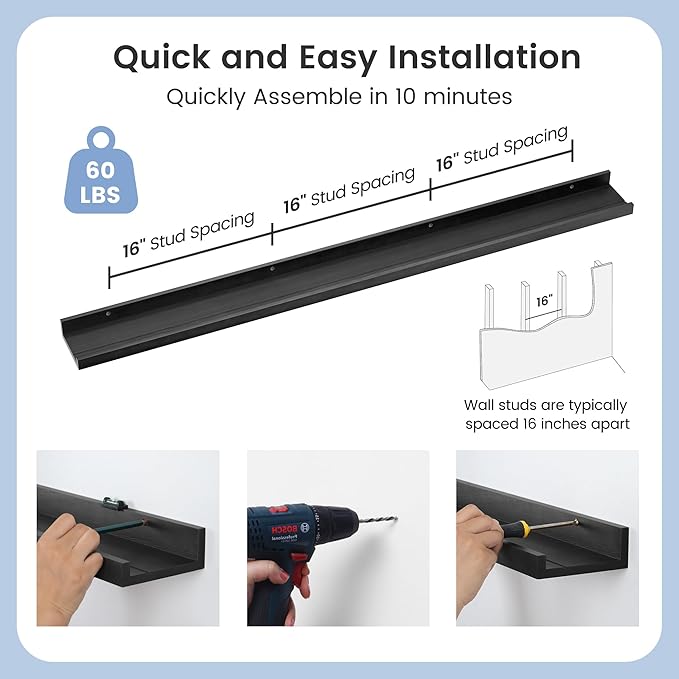 Picture Ledge Shelf, Floating Shelves Set of 2, Solid Pine Wood 55'' Long Large Nursery Book Shelves for Toys Storage, Kids Bookshelf for Living Room Bedroom Decor Books Photo Frames, Black