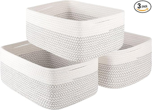 Storage Baskets for Organizing 3 Pack, Woven Baskets for Shelves, Closet Organizer Bins Empty Gift Basket Toy Storage for Toys, Books, Towels, Clothes, 15"x11.42"x6.7", White & Black