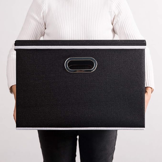 PRANDOM Large Foldable Storage Box with Lid [1-Pack] Fabric Collapsible Storage Bin Organizer Container Basket Cube with Cover for Home Bedroom Closet Office Nursery Black (17.7x11.8x11.8)