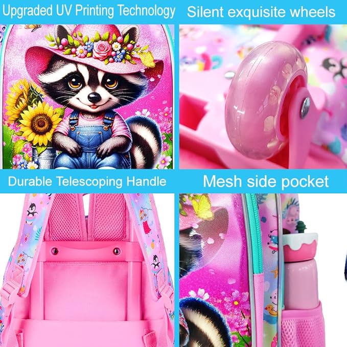 Girls Rolling Backpack, Cute Raccoon Roller Wheels Kids Bookbag - Wheeled Elementary School Bag - 3PCS Raccoon