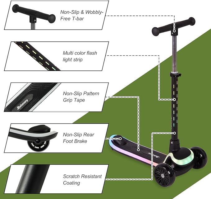 3-Wheel Light-Up Kids Scooter, 20 Different Light Patterns,Three Adjustable Heights,Lean to Steer, Balance Scooter for Ages 3-8