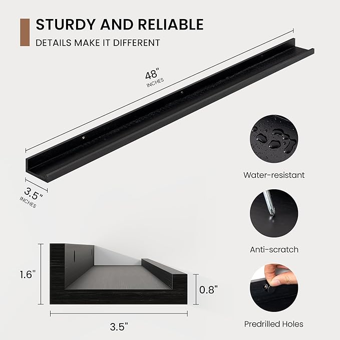 Picture Ledge Shelf, Solid Pine Wood Floating Shelves Set of 2, 48 Inches Nursery Book Shelves for Toys Storage, Kids Bookshelf Wall Mounted for Living Room Bedroom Decor Books Photo Frames, Black