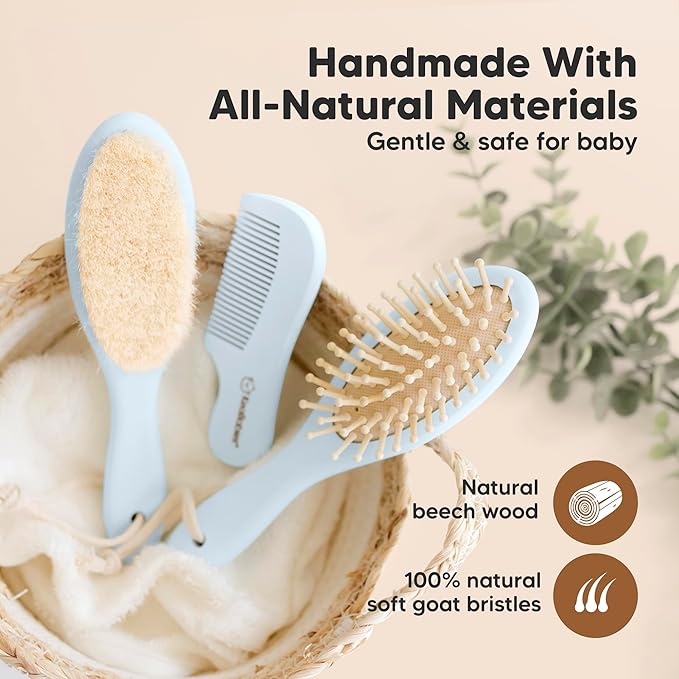 Baby Hair Brush and Comb Set for Newborn - Wooden Baby Hair Brush Set with Soft Goat Bristle, Baby Brush Set for Newborns, Baby Brush and Comb Set Girl, Boy, Toddler Cradle Cap Brush (Oval, Frost)