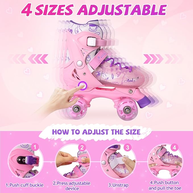 Rainbow Toddler Roller Skates - Size 4 Adjustable | Light Up Quad Skates for Girls & Boys Beginners Aged 3-12