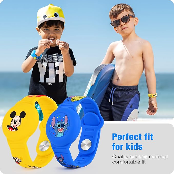 2 Pack AirTag Bracelet for Kids, Waterproof Cute Cartoon Air tag Holder for Kids with Watch Band Design, Full Coverage Silicone Airtag Hidden Accessories for Child, Healthy Material Blue + Yellow