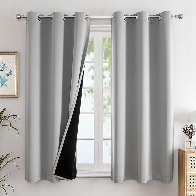 ChrisDowa 100% Blackout Curtains 63 inch Long for Bedroom with Black Liner, 2 Thick Layers Total Blackout Thermal Insulated Grommet Window Curtains 2 Panels Set (Light Grey, 38 x 63 Inch)