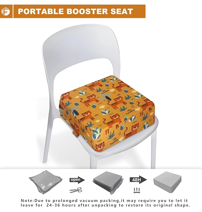 Toddler Booster Seat for Dining Table, Portable Booster Seat for Kitchen Chair, 4 Inch High-Density Foam Cushion with Adjustable Safety Straps and Non-Slip Bottom, Perfect for Kids Travel and Daily