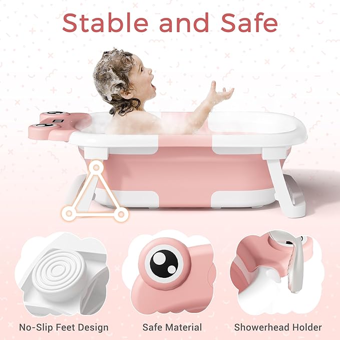Baby Bathtub, Collapsible Newborn Bathtub for Infant to Toddler 0-24 Months with Soft Cushion and Thermometer,Portable Travel Newborn Tub with No-Slip Feet, Baby Shower Gifts,Pink