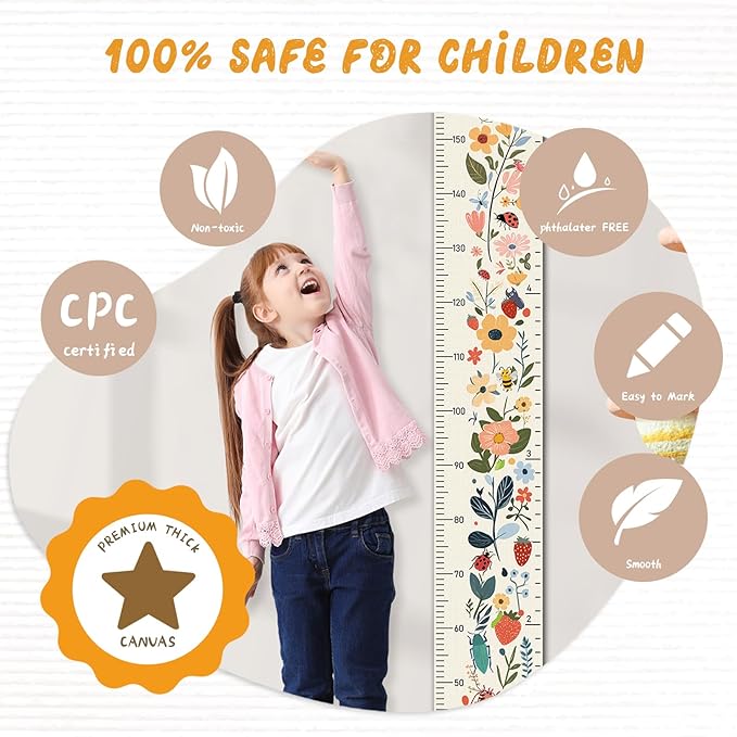 Personalized Name Growth Chart Wall Decor for Kids – Canvas Removable Height Chart Measuring Ruler 59" x 7.9" (Flowers)