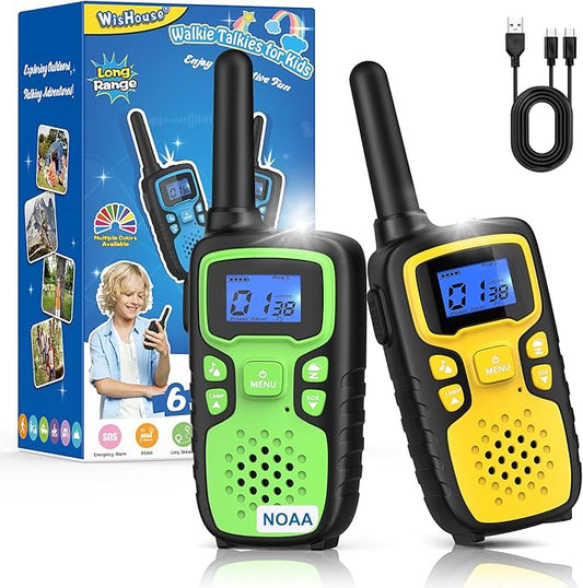 Wishouse Walkie Talkies for Kids Rechargeable Long Range,Xmas Birthday Gift for 4 5 6 7 8 9 Year Old Boy Girl,Hiking Gear Camping Games Cool Toys with NOAA,SOS Siren,Lamp,Lanyards,2 Pack Yellow Green