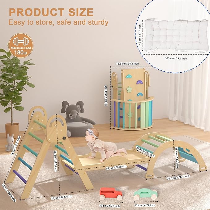 Pikler Triangle Set with Cushion, Montessori Climbing Set, Indoor Climb Toys, Indoor Playground Jungle Gyms, 9 Combinations Climbing Toy Set for Toddler, Baby, Kids 1-4