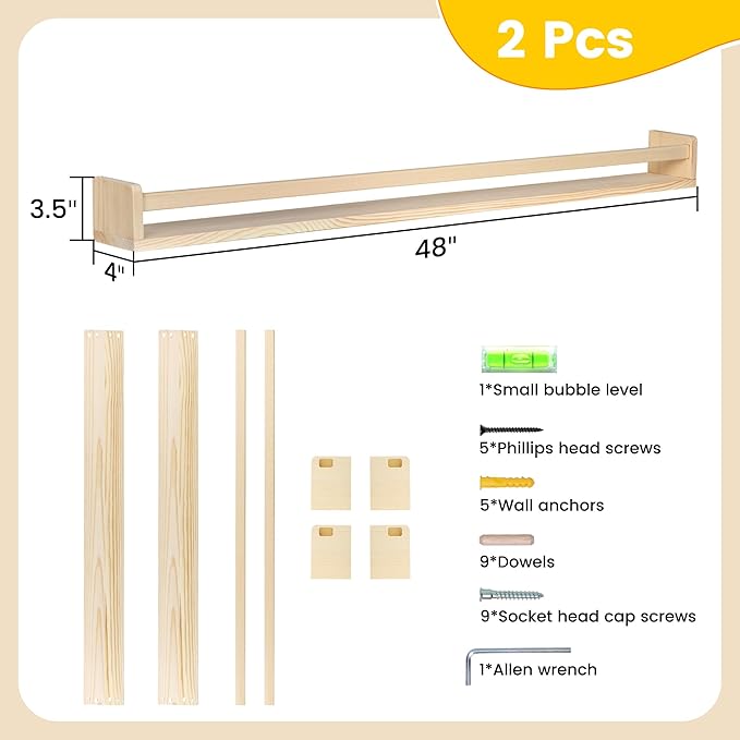 Fun Memories Nursery Book Shelves - Rustic Natural Solid Wood Floating Bookshelf for Kids - Wall Book Shelves for Kids Room (Natural, 48inch - 2P)