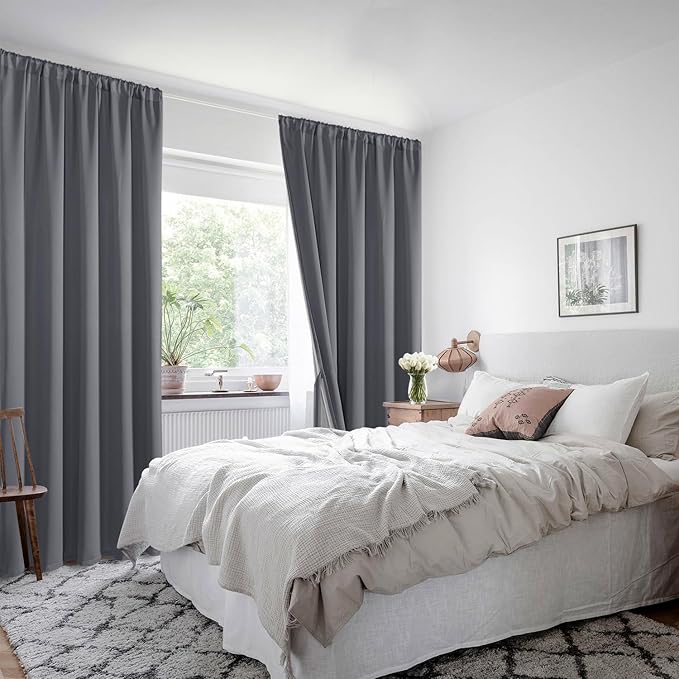 XWZO Dark Grey Blackout Curtains 84 Inches Long with Tiebacks- Full Light Blocking & Energy Efficiency Window Draperies with Black Liner for Bedroom/Living Room, Rod Pocket, W70 x L84, Set of 2