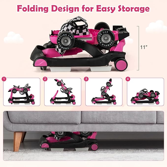 HONEY JOY 4-in-1 Baby Walker, Activity Push Walker w/3 Adjustable Heights, Smooth Wheels w/Adjustable Speed, Padded Seat, Music & Light, Foldable Car Walker for Baby Boys Girls Age 6 Months+ (Pink)