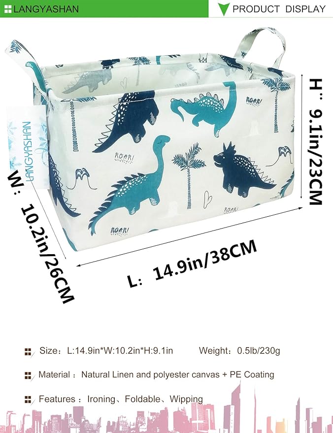 LANGYASHAN Rectangular Storage Bin Collapse Canvas Fabric Cartoon Storage Basket with Handles for Organizing Home Kitchen Boys and Girls Toys Office Closet Shelf Baskets (Rec green dinosaur)