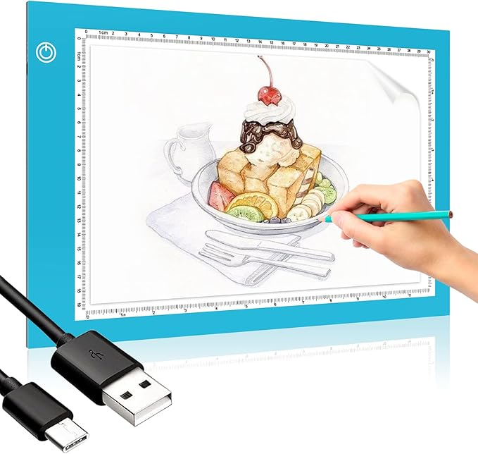 Light Box Drawing Pad, Tracing Board with Type-C Charge Cable and Brightness Adjustable for Artists, AnimationDrawing, Sketching, Animation, X-ray Viewing (A4-P-Blue-New)
