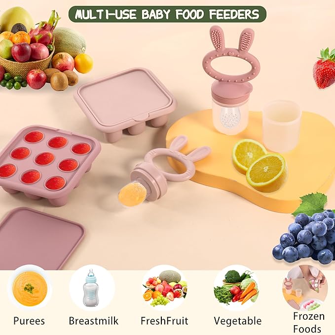 WAJIAYON Baby Breastmilk Popsicle Molds & Baby Fruit Feeder (2 Pack), Baby Food Freezer Tray Storage Containers, Silicone Teething Pacifier Feeder and Teether for Babies,Baby Feeder-Pink