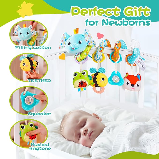 Koty Car Seat Toys, Cute Elephant Car Seat Toys for Babies 0-6 Months Boy, Stroller Toys with Crinkle, Teether, Music Box, Rattle, BB Squeaker for 0 3 6 9 12 Months Babies Infant Boys Girls Gifts