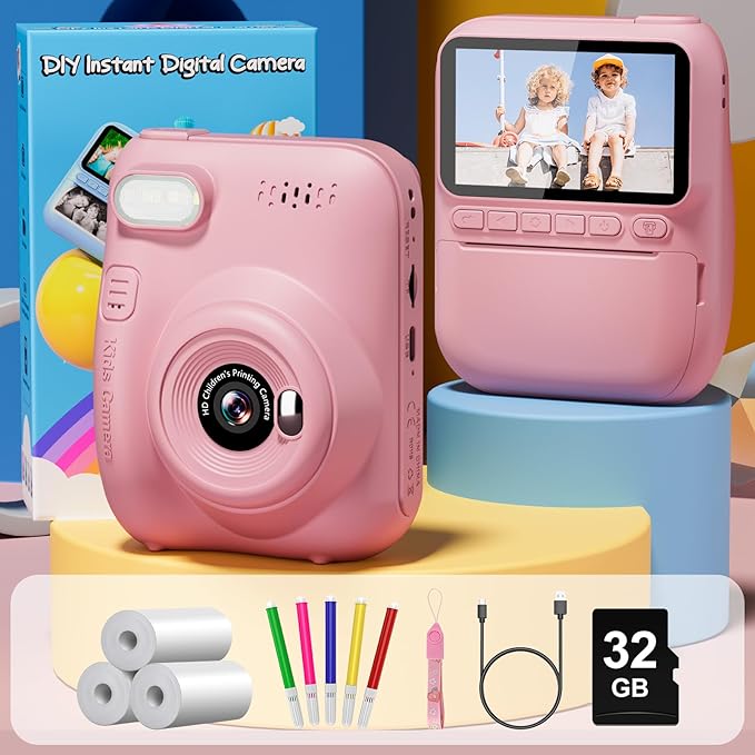 Instant Print Camera for Kids, 3.0" HD 32MP Kids Camera 1080P with 3 Rolls of Printer Paper, Birthday Gifts Toy for 3-12 Year Old Girls Boys with 32GB SD Card-Pink