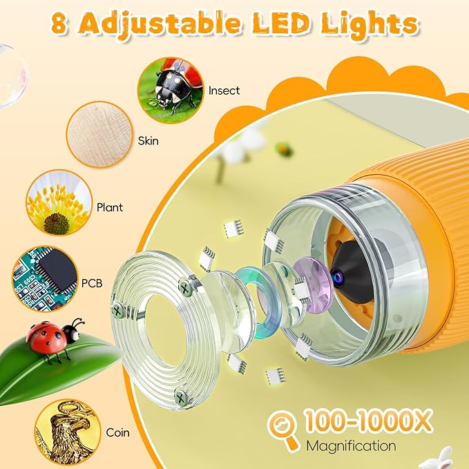 Microscope for Kids, Ahalfcit explorerscope with 2'' Inch Screen -1000X Zoom Portable Microscope Camera, Birthday for 3 4 5 6 7 8 9 0 11 12 Years Old Kids,Science Educational Toys