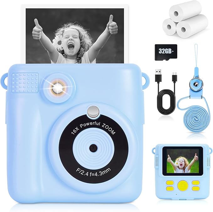 Instant Print Camera for Kids - 2.4 Inch Kids Camera Instant Print with Paper & 32G Card- Digital Children Toys as Christams Birthday Gifts for Girls Boys Age 3-12 - Blue